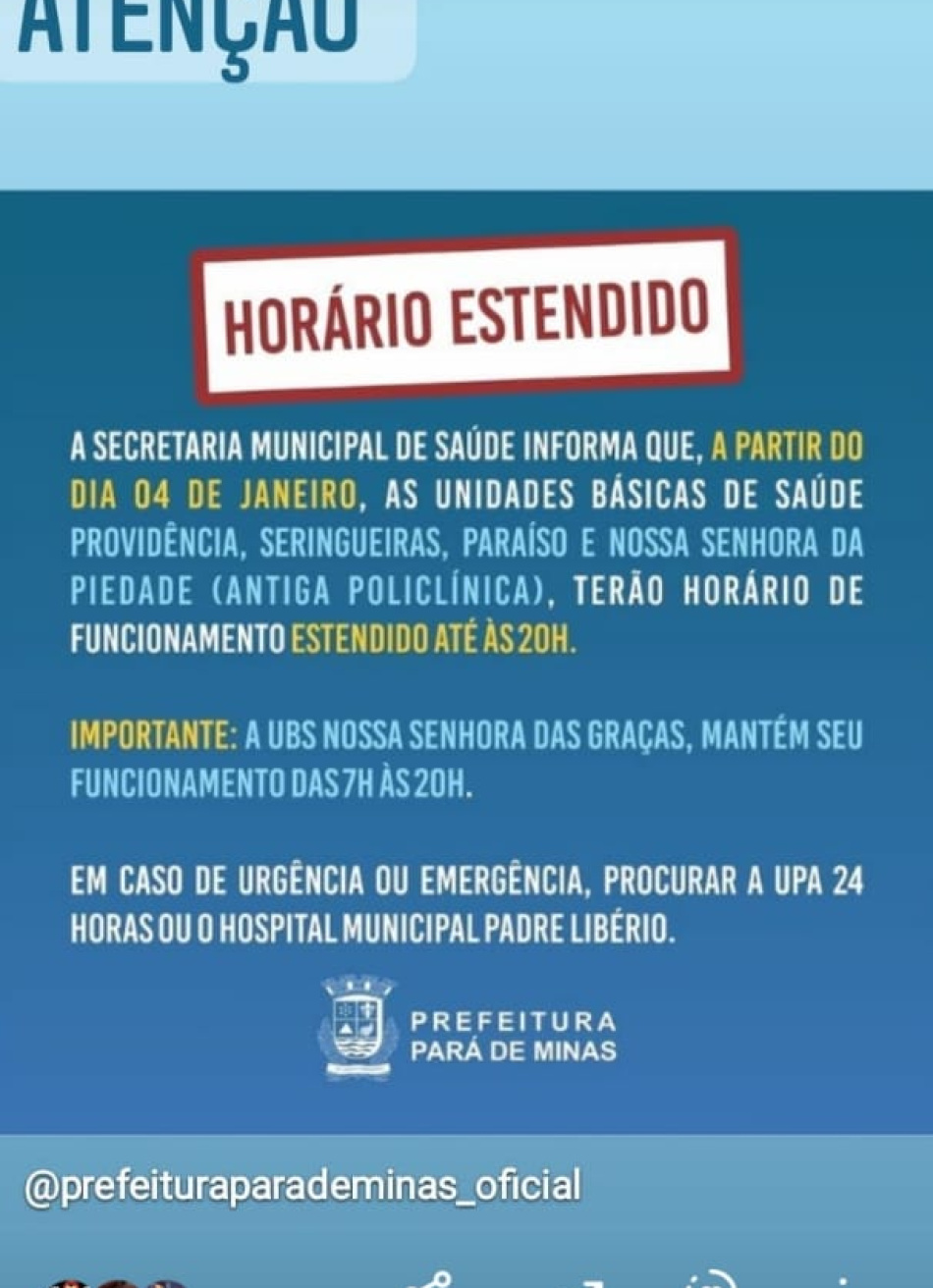 UBS´s de Pará de Minas passam a funcionar com horário estendido