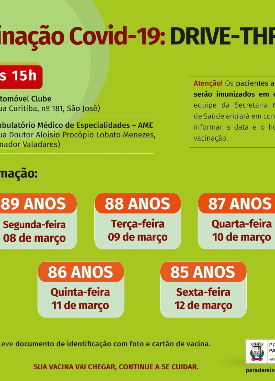 Idosos de Pará de Minas com idade entre 85 e 89 serão vacinados na próxima semana no sistema drive-thru