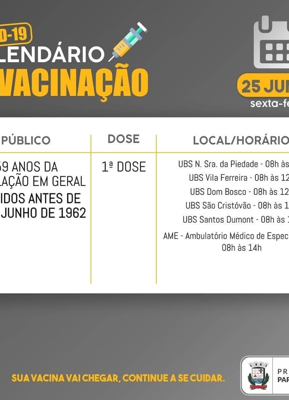 População geral por ordem decrescente de idade começa a ser vacinada nesta sexta-feira em Pará de Minas contra a Covid-19