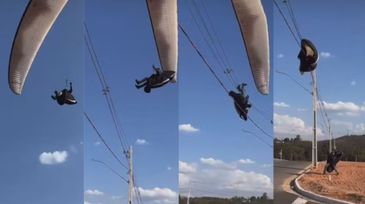 Piloto de parapente se enrosca em rede elétrica em Divinópolis